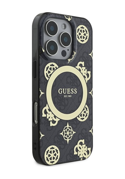Apple Uyumlu iPhone 16 Pro Kılıf Guess Lisanslı Magsafe Özellik Iml Peony Ve 4g Desen Klasik Logolu Siyah
