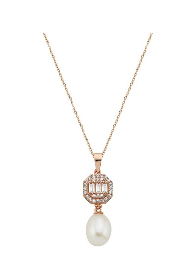 8,5 Mm Baget Sekizgen Doğal İnci Sallantı Kolye Rose