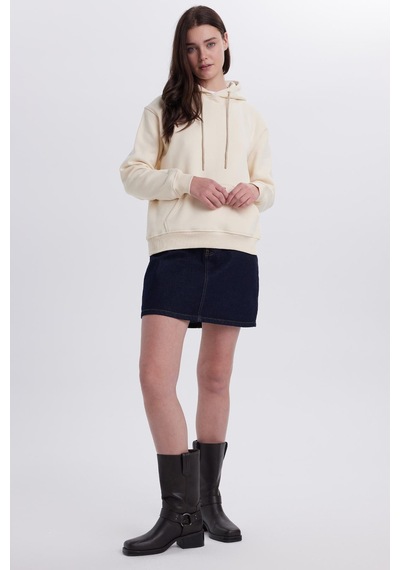 Tudors Kadın Relax Fit Rahat Kesim Pamuklu Kapüşonlu Kanguru Cepli Taş Sweatshirt-39943 Taş