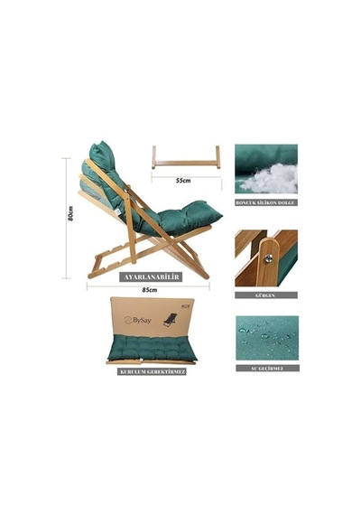 Reyo Bysay Ahşap Katlanabilir Taşınır Puf Minderli Şezlong Balkon Sandalyesi Takımı 3 Lü Set Haki
