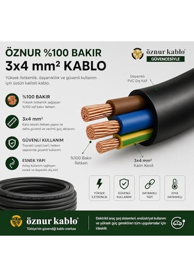 Elektrikli Araç Şarj Uzatma Kablosu,%100 Bakır 3x4 Mm², Topraklı Ev Şarj Ve Güç Uzatma Kablosu, Kalın Kesit Profesyonel Kullanım 10 Metre 0.1 M