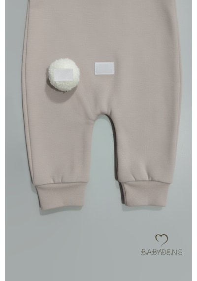 Babyden's Bebek Tavşanlı Tulum Şapka Set %100 Pamuklu Çıtçıtlı,ayarlanır Ponponlu Unisex Yenidoğan Tulum Seti Bej