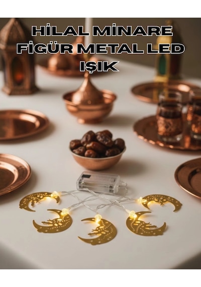 Minareli Hilal Led Işık Gold Metal Gövdeli Pilli Ramazan Dekoru Çok Renkli