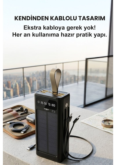 30.000 Mah Powerbank Güneş Enerjili Solar Hızlı Şarj Göstergeli El Fenerli Taşınabilir Batarya 22.5w Siyah