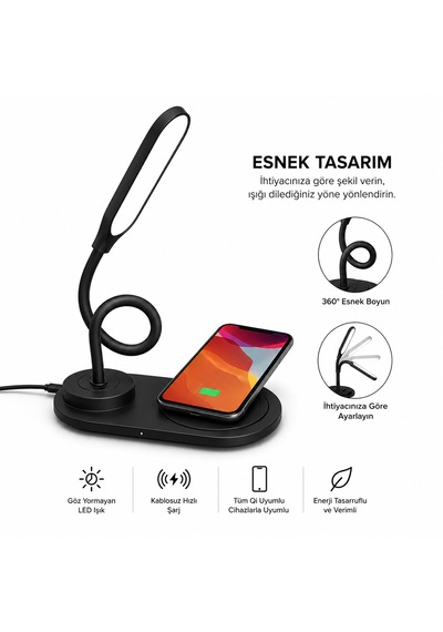Kablosuz Şarjlı Akıllı Masa Lambası 360 Esnek Gövde Tasarımı Şarj Ve Aydınlatma Bir Arada Diğer