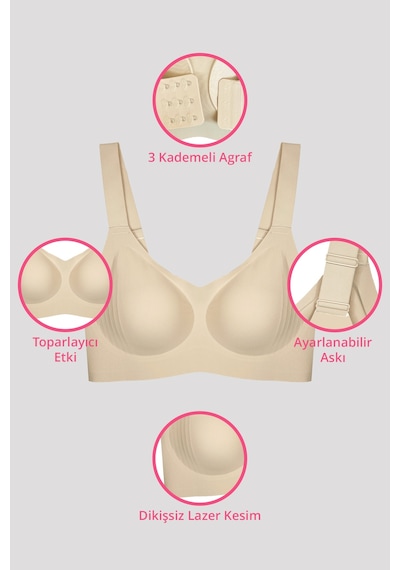 Cottonhill Seamless Bra - Curve Lazer Kesim Dikişsiz Toparlayıcı Büyük Beden Kadın Sütyen 3'lü Paket-2 Çok Renkli
