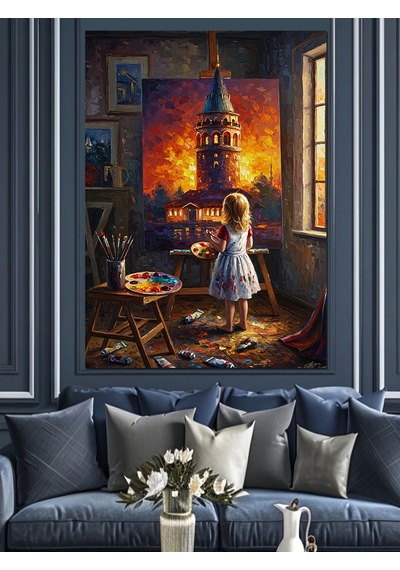 Küçük Ressam Kız Ve Galata Kulesi Dekoratif Kanvas - Mdf Ahşap Tablo