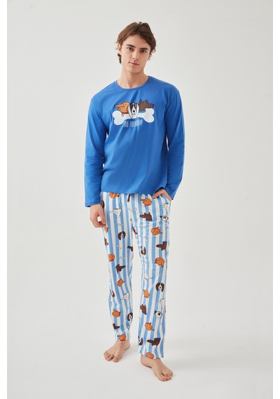 Erkek Pamuklu Uzun Kollu Baskılı Alt Desenli Cep Detaylı Pijama Takımı Ke30114 Saks