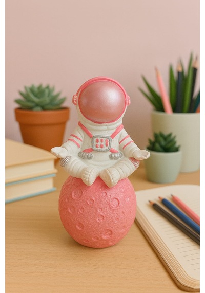 Momiko Uzay Temalı Meditasyon Yapan Beton Astronot Masaüstü Heykeli - Dekoratif Mini Figür Pink -