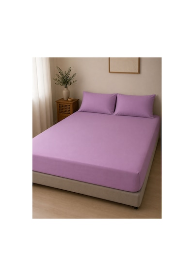 Çift Kişilik Lastikli Çarşaf Takımı 2 Adet Yastık Kılıflı 50x70 180x200+30 %100 Pamuk Mor