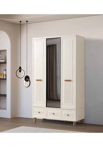 Lagos 3 Kapaklı %100 Mdf Elbise Dolabı Gardrop 117x54x212 Ekru