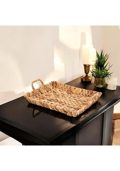El Yapımı Su Sümbülü Hasır Kulplu Dekoratif Tepsi Küçük Boy 29cm 23cm 4cm 15cm