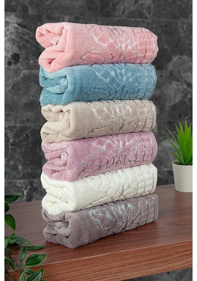 Çınar Jakarlı 6 Lı Kadife Pamuklu El Ve Yüz Havlu Seti 30x50 Cm - 00434- Karışık Renkli Çok Renkli