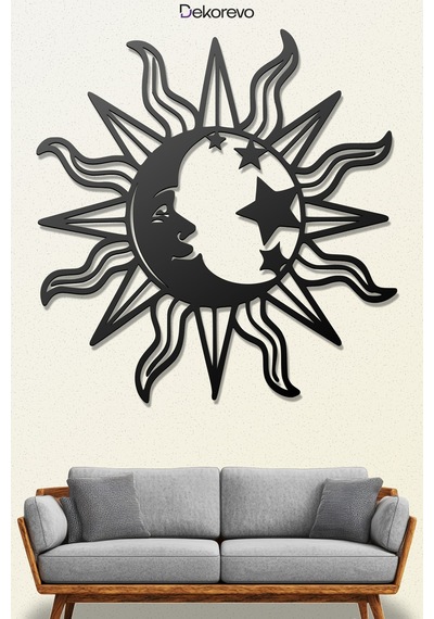 Mistik Kozmos Güneş Ve Ay Metal Duvar Dekoru - Metal Duvar Sanatı - Siyah - 30 X 30 Cm