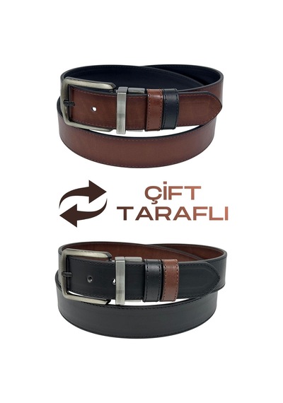 Süzer Deri Kahverengi / Siyah Çift Taraflı Suni Deri 4 Cm. Genişlik Dönerli Tokalı Spor Erkek Kemer - 7110-13 Kahverengi