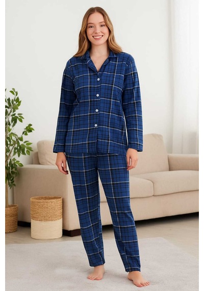 Tenra Kadın Pijama Takımı Boydan Düğmeli Süet Kareli Desenli Lacivert