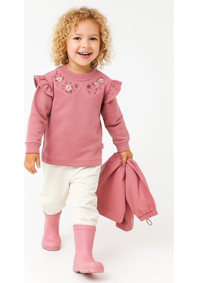 Overdo Kids Fırfırlı Yakası Çiçek Nakışlı 2 İplik Uzun Kol Kız Çocuk Sweatshirt Pembe