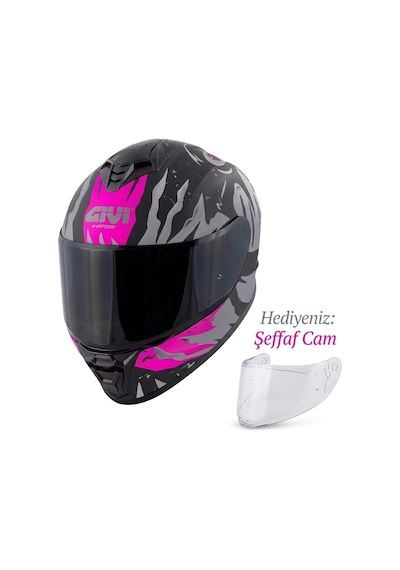 Gıvı 50.x Sharkbıte Mat Siyah-gri-pembe Kask Siyah+şeffaf Camlı