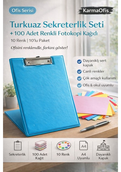 Turkuaz Sekreterlik Seti + 100 Adet Renkli A4 Fotokopi Kağıdı Dayanıklı Kapak, Çok Amaçlı Kullanım