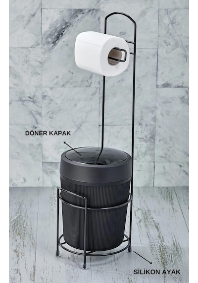 Siyah Lüks Banyo Mutfak Çöp Kovası Metal Standlı Tuvalet Wc Kağıtlık Siyah