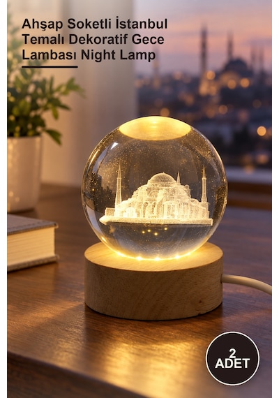 2 Adet 3d Kristal Cam Küre Led Lamba Ahşap Soketli İstanbul Temalı Dekoratif Gece Lambası Night Lamp