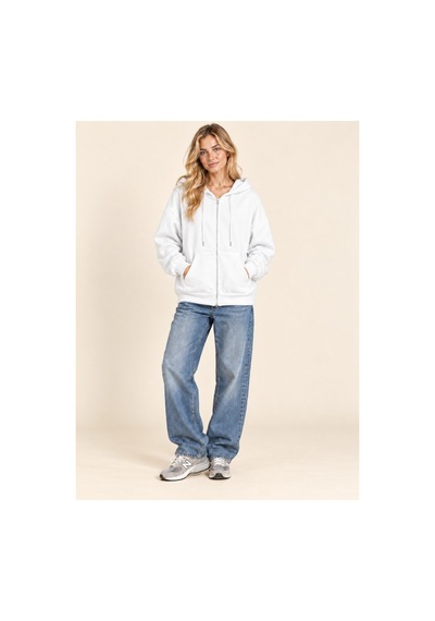 Cool Tarz Unisex Oversize Fermuarlı Kapüşonlu Sweatshirt 3 İplik Şardonlu Beyaz Beyaz
