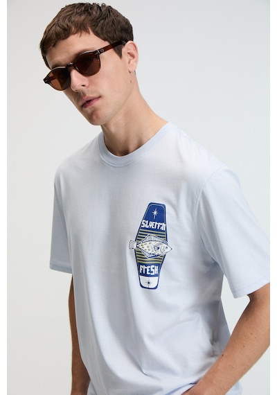 Grımelange SAVOR Erkek Oversize %100 Pamuk Baskılı Yuvarlak Yaka Mavi T-Shirt