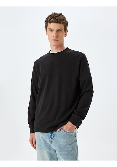 Koton Pamuk Karışımlı Dokulu Basic Bisiklet Yaka Sweatshirt Siyah 5wam70247mk Siyah