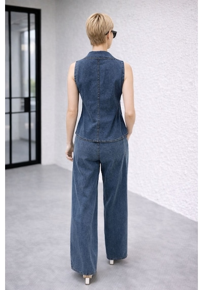 Kadın Gold Düğme Detaylı Yelekli Denim Kot Takım Yz2613 Mavi