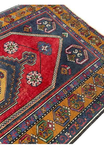 El Dokuma Eskitme İnce Yahyalı 101x175 Kırmızı Lacivert Yün Halı Kırmızı