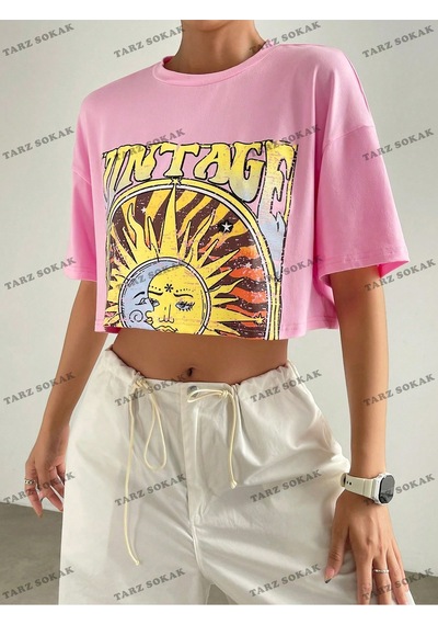 Flood Of Style Crop Ckod-232913 Sun & Letter Grafikli Düşük Omuz Kısa Pembe