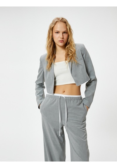 Koton Crop Blazer Ceket Fleto Cepli Viskon Karışımlı Gri Çizgili 4sak50128uw Gri
