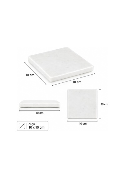 Arvale 2'li Doğal Beyaz Mermer Bardak Altlığı 10x10 Cm Kaymaz Kauçuk Ayaklı Lüks Masa Altlığı