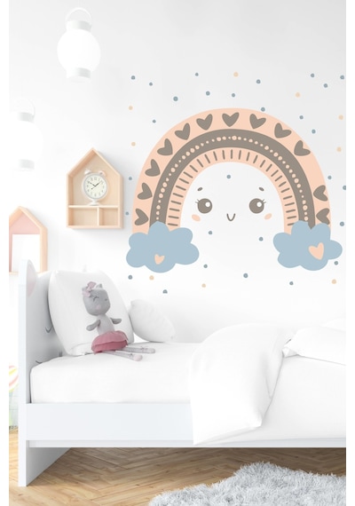 MSticker Bulutlu Gökkuşağı Ve Puantiyeler Çocuk Bebek Odası Duvar Sticker Seti