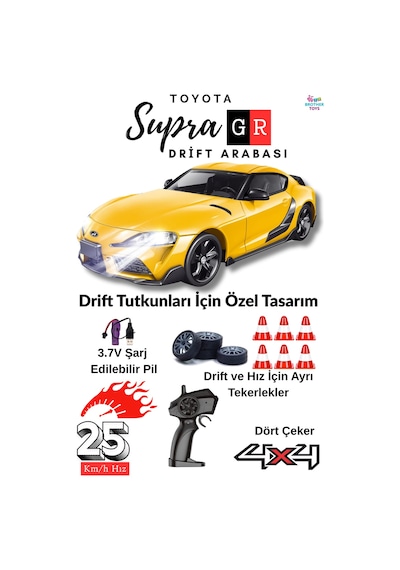 25 Km/h Hız Yapan Toyota Supra Görünümlü Şarjlı 2.4 Ghz Uzaktan Kumandalı Drift Araba Sarı