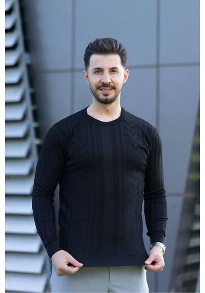 Hk Premium Fitilli Bisiklet Yaka Slim Fit Triko Kazak Siyah