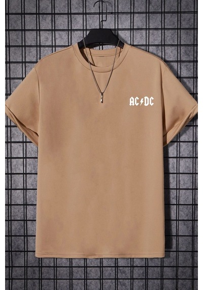 Unisex Acdc Baskılı T-shirt Bej