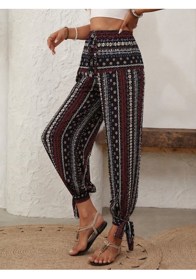 Efnaz Style Kadın Yüksek Bel Desenli Paçadan Bağlamalı Yanları Yırtmaçlı Süprem Pantolon kahve