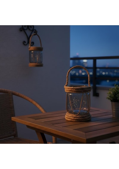 Dyrıs Rustik Halatlı Cam Fener, Pilli Led Işıklı Dekoratif Kavanoz Lamba, Bahçe Ve Balkon Aydın
