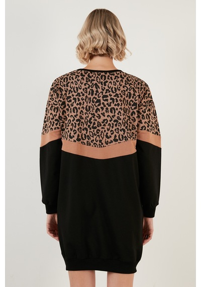 Lela Leopar Desenli Renk Bloklu Oversize Bisiklet Yaka Bayan Tunik 5863604 Siyah