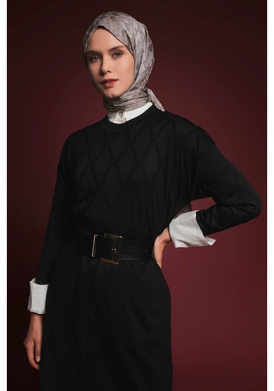Armine Trend Baklava Desenli Triko Elbise Siyah 25ytd957