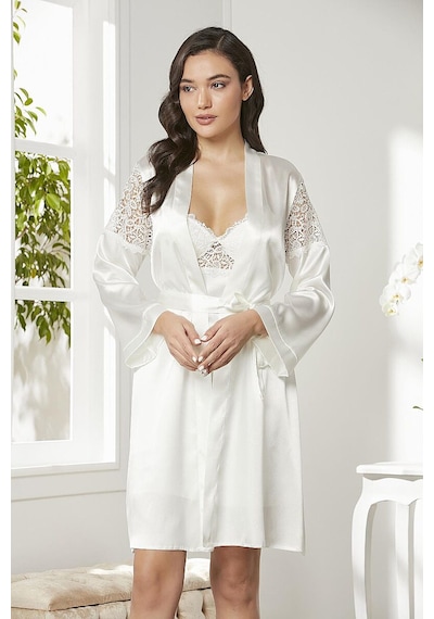 Pierre Cardin 6955 Çeyiz İpek Saten 6 Lı Sabahlık Pijama Gecelik Takımı Ekru