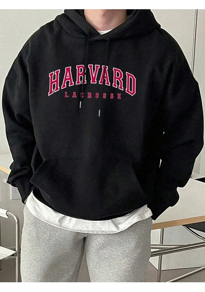Startmore Tarzsokak Harvard Lacrosse Baskılı Kapüşonlu Üst Erkek Yumuşak Moda Tişörtü Spor Rahat Sokak Giysisi Te Siyah