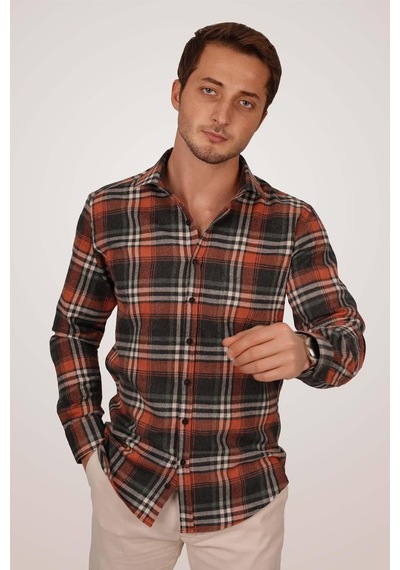 Kiremit Çizgili Slimfit Oduncu Erkek Gömlek Kiremit