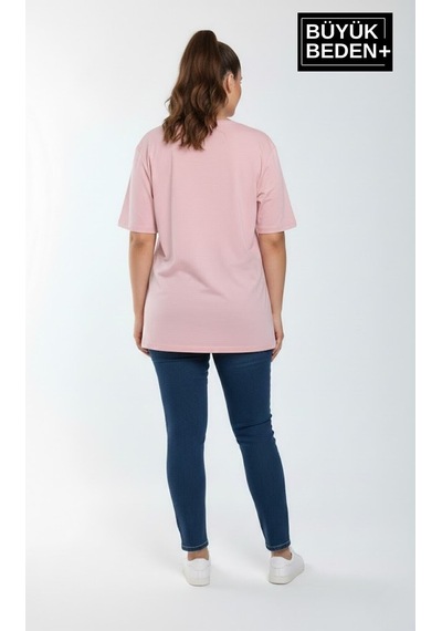 Superlife Kadın Büyük Beden Ar Baskılı 3xl-6xl Bisiklet Yaka Tshırt Spr26btsk510-1 Pembe