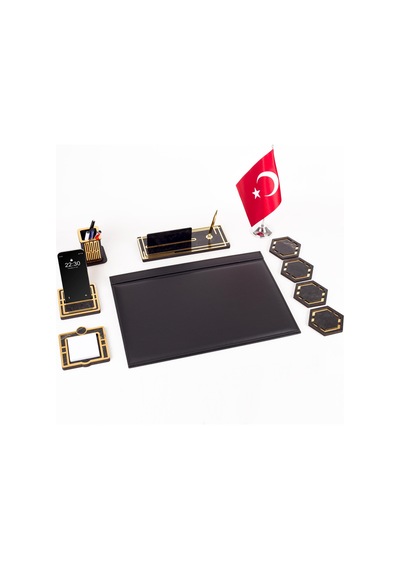 Sümen Takımı Kişiye Özel Ahşap İsimlikli Mermer Desenli Türk Bayraklı 10 Parça Siyah