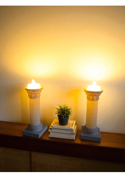 2'li Roma Sütunu Mumluk 15 Cm Mermer Görünümlü Led Tealight Dekor Seti