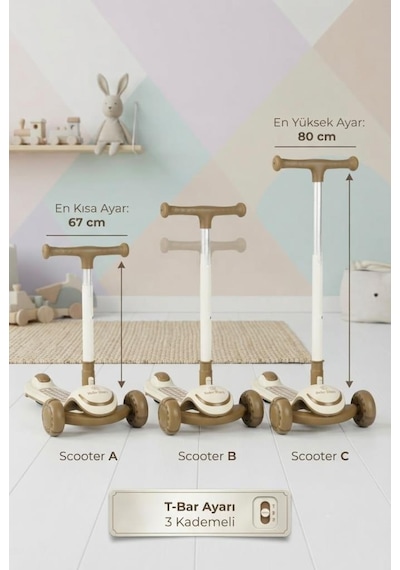 3 Tekerlekli Led Işıklı Müzikli Katlanabilir Boyu Ayarlanabilir 3 Yükseklik Ayarlı Çocuk Scooter'ı Kahverengi