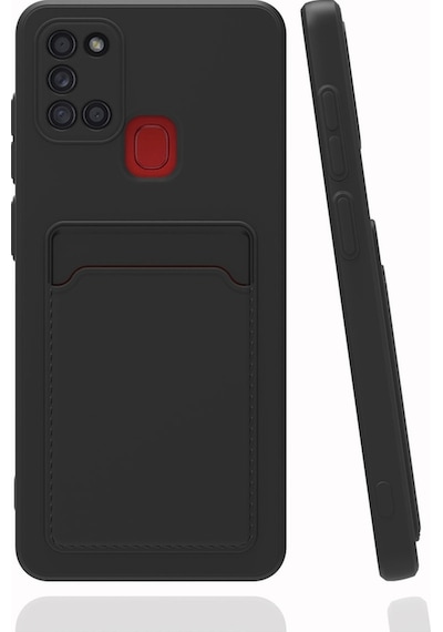 Fibaks Galaxy A21s Uyumlu Kılıf Kamera Korumalı Arkası Kartlıklı Cüzdanlı Kırmızı Tuşlu Siyah Silikon