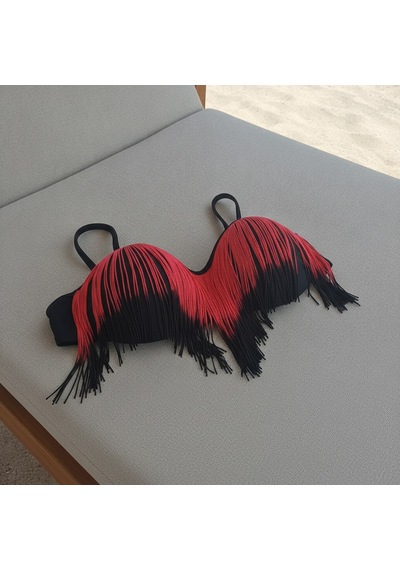 Bonbon Kadın Plaj Giyim Siyah Renk Kırmızı Püsküllü Destekli Dolgulu Bikini Üst Bb2543